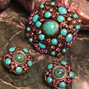 JOAN RIVERS Turquoise Amethyst Brooch/Pin Earrings